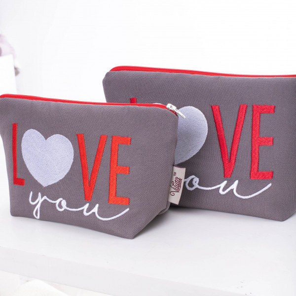 Косметичка с вышивкой Love You 2 шт. Серая