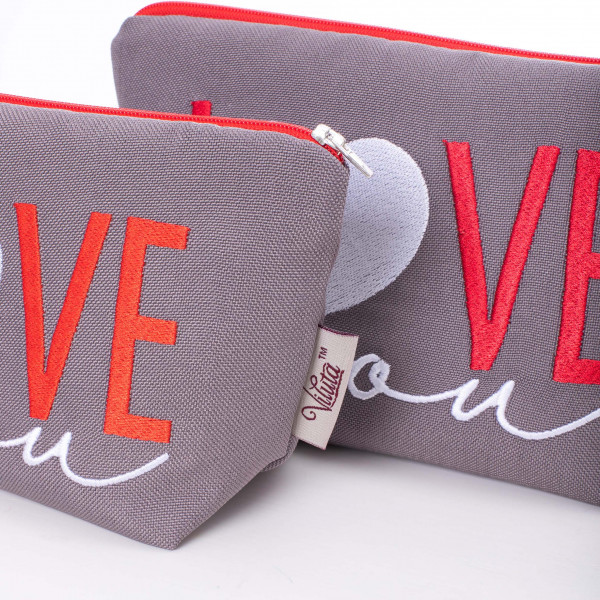 Косметичка с вышивкой Love You 2 шт. Серая